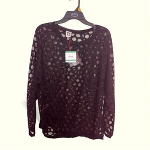 Anne Klein Long Sleeved Top Open Knit Lace Design Black Sz L NWT